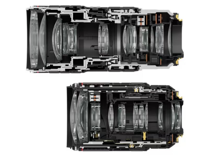 Two camera lenses are shown in cross-section, revealing internal glass elements, mechanical parts, and structural details. The lenses are aligned horizontally, with one above the other, displaying differences in internal design.