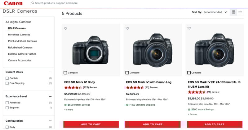 Screenshot of Canon’s online store showing three DSLR cameras for sale: EOS 5D Mark IV Body, EOS 5D Mark IV with Canon Log, and EOS 5D Mark IV EF 24-105mm Lens Kit, each with prices and "Add to Cart" buttons.