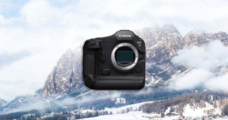 A Canon EOS R1 camera body is displayed prominently in the center, with a snowy mountain landscape and pine trees in the background under a cloudy sky.
