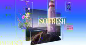 A digital collage with a perfume bottle on a rock, wildflowers, a butterfly, and the words “SO FRESH” in yellow text. The background is a gradient blue sky, and a small orange label says "Bruno.