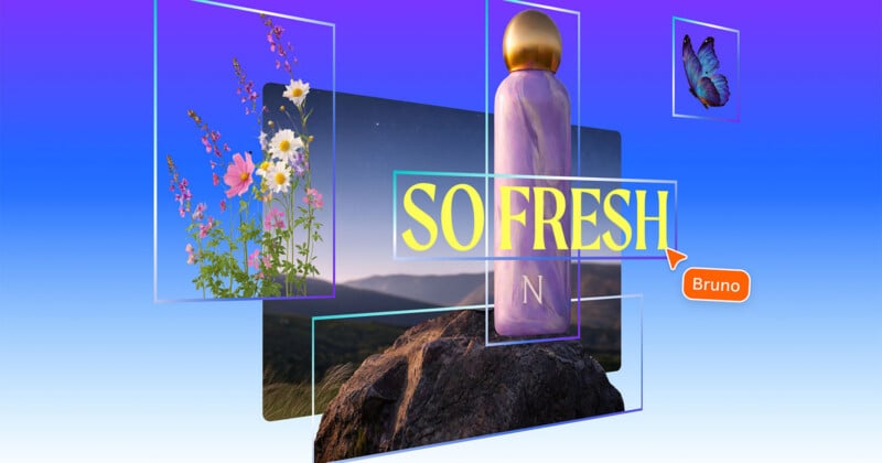 A digital collage with a perfume bottle on a rock, wildflowers, a butterfly, and the words “SO FRESH” in yellow text. The background is a gradient blue sky, and a small orange label says "Bruno.