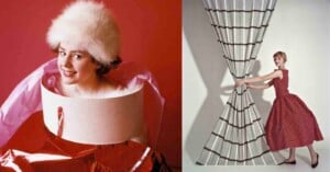 A woman in a white fur hat and round collar smiles against a red background (left). Another woman in a red dress holds open a large, patterned curtain (right).