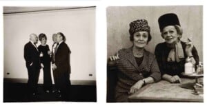 Two black-and-white photos: Left, two men and two women in formal attire talking. Right, two women at a table, one in a leopard-print hat, the other in a dark hat holding a cigarette, both looking at the camera.