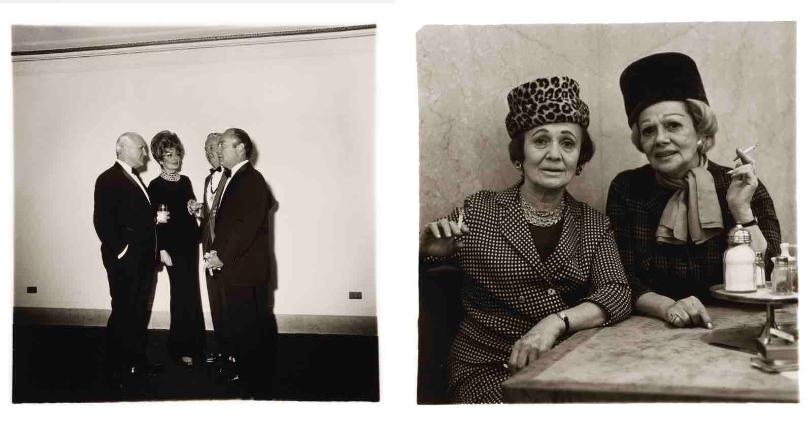 Two black-and-white photos: Left, two men and two women in formal attire talking. Right, two women at a table, one in a leopard-print hat, the other in a dark hat holding a cigarette, both looking at the camera.