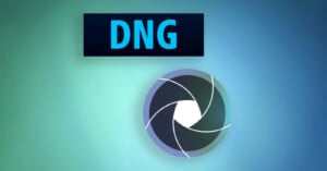 A digital graphic showing the letters "DNG" in bold blue font above a stylized camera shutter icon on a blue-green gradient background.