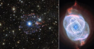 A side-by-side image: on the left, a bright star surrounded by a lacy, colorful nebula against a star field; on the right, a detailed, circular, blue and pink nebula with layered, wispy structures.