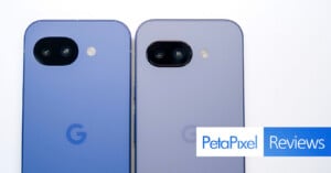 Two light purple Google Pixel smartphones are shown side by side, displaying their rear cameras. The "G" logo is visible on both phones. The Petapixel Reviews logo appears at the bottom right corner.
