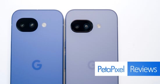 Two light purple Google Pixel smartphones are shown side by side, displaying their rear cameras. The "G" logo is visible on both phones. The Petapixel Reviews logo appears at the bottom right corner.