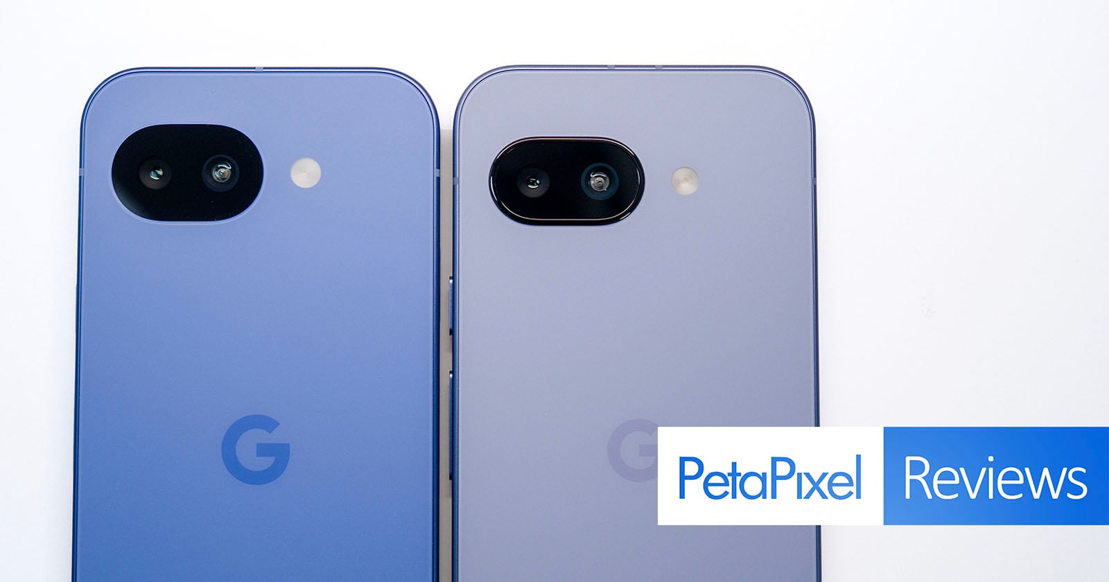 Two light purple Google Pixel smartphones are shown side by side, displaying their rear cameras. The "G" logo is visible on both phones. The Petapixel Reviews logo appears at the bottom right corner.