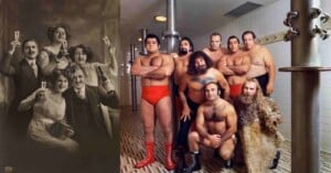 A split image: on the left, a vintage black-and-white photo of six people dressed formally, toasting; on the right, seven men in wrestling gear pose together in a tiled locker room.