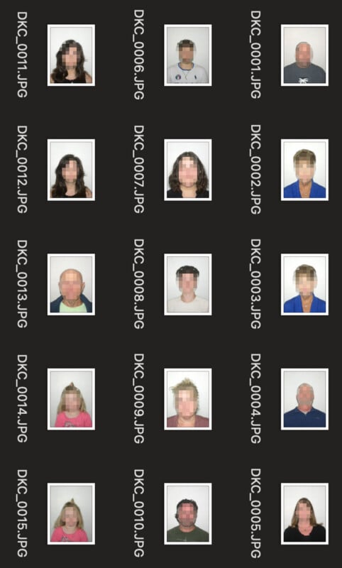 A grid of 16 blurred ID-style portrait photos, each labeled with a unique file name (e.g., "DKC_0001.JPG"), arranged in four rows on a black background.