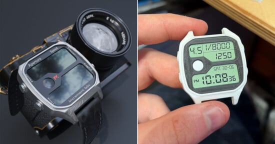 Split image: On the left, a smartwatch with camera-like controls on its face sits on a camera; on the right, a hand holds a digital watch displaying photographic settings and the time.