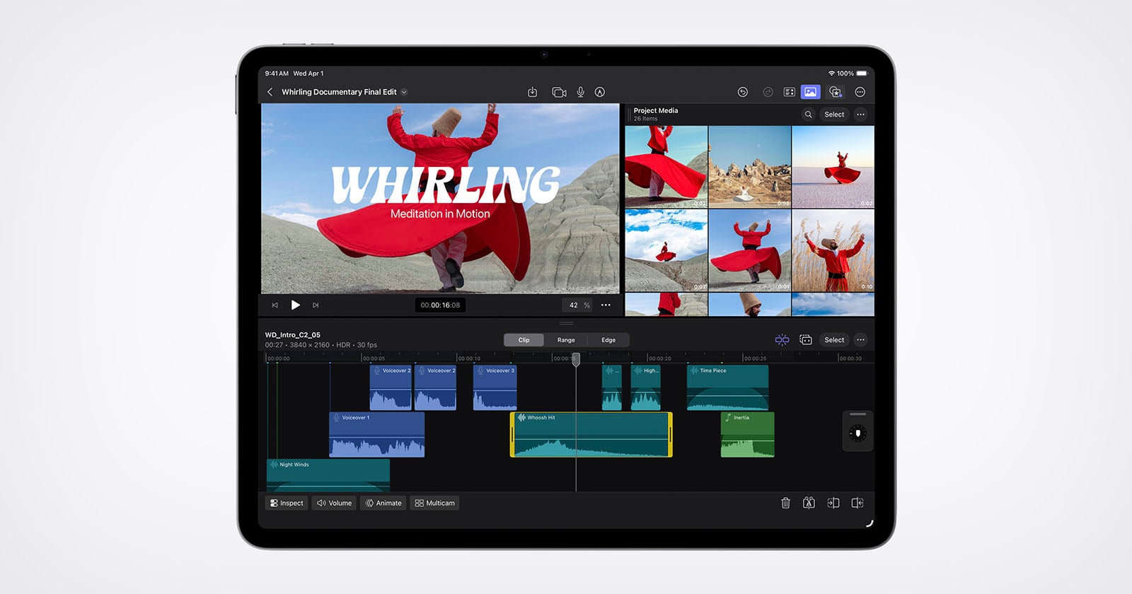 A tablet displays a video editing app with a project titled "Whirling: Meditation in Motion." The interface shows video clips, a timeline with audio and video tracks, and a preview of a person in red spinning outdoors.