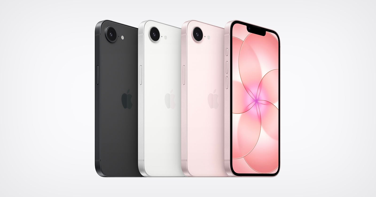 Four iPhones are shown side by side: black, white, and pink models display their backs, while the fourth phone, on the right, shows its front with a pink abstract wallpaper on the screen.