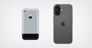 Two iPhones side by side: the original iPhone with a silver back and black bottom section on the left, and a modern iPhone with dual rear cameras and a dark finish on the right, both showing the Apple logo.