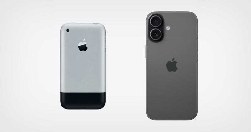 Dos iPhone uno al lado del otro: a la izquierda, el iPhone original con parte trasera plateada y parte inferior negra, y a la derecha, un iPhone moderno con dos cámaras traseras y un acabado oscuro, ambos con el logotipo de Apple.