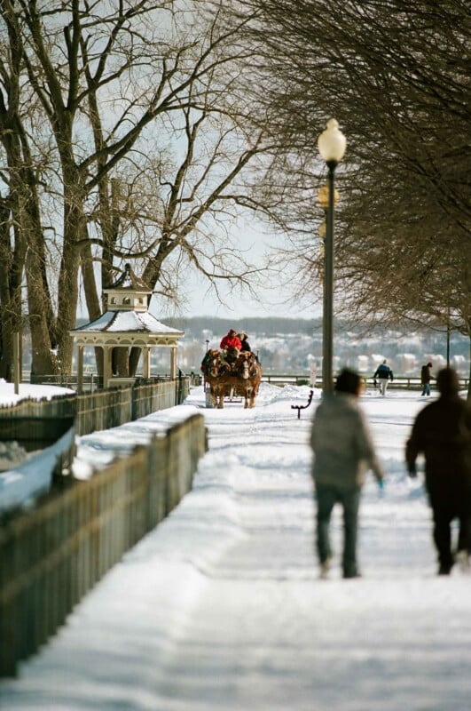 Un carruaje tirado por caballos transporta a hombres con abrigos rojos a lo largo de un sendero cubierto de nieve bordeado de árboles desnudos. En primer plano caminan dos hombres y a lo lejos se ve a otros.