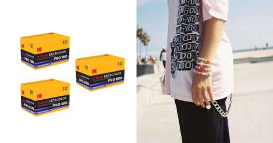 Three Kodak film boxes labeled "PRO 160," "PRO 400," and "PRO 800" on a white background, next to a person wearing a pink shirt, black pants, and bracelets, standing outdoors.