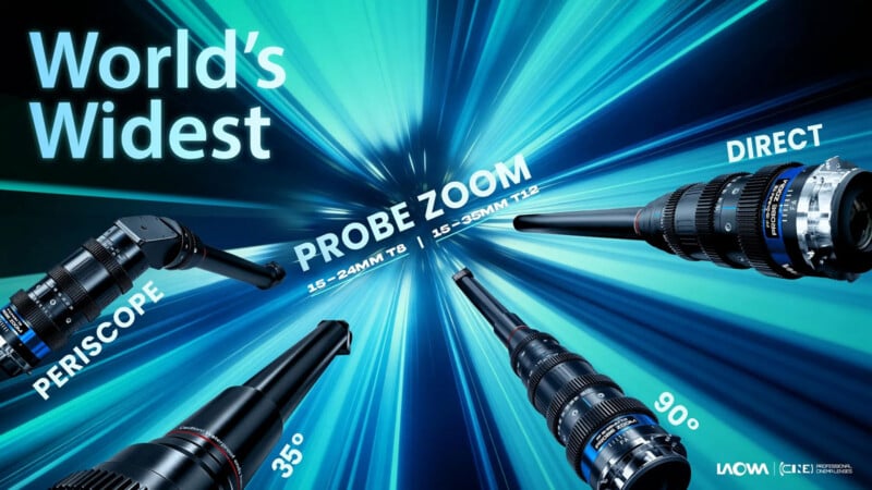 Graphic showing four camera lenses labeled as “PERISCOPE 35°,” “PROBE ZOOM 15–35mm T8,” “90°,” and “DIRECT,” with light blue streaks and the text "World’s Widest" in the background.