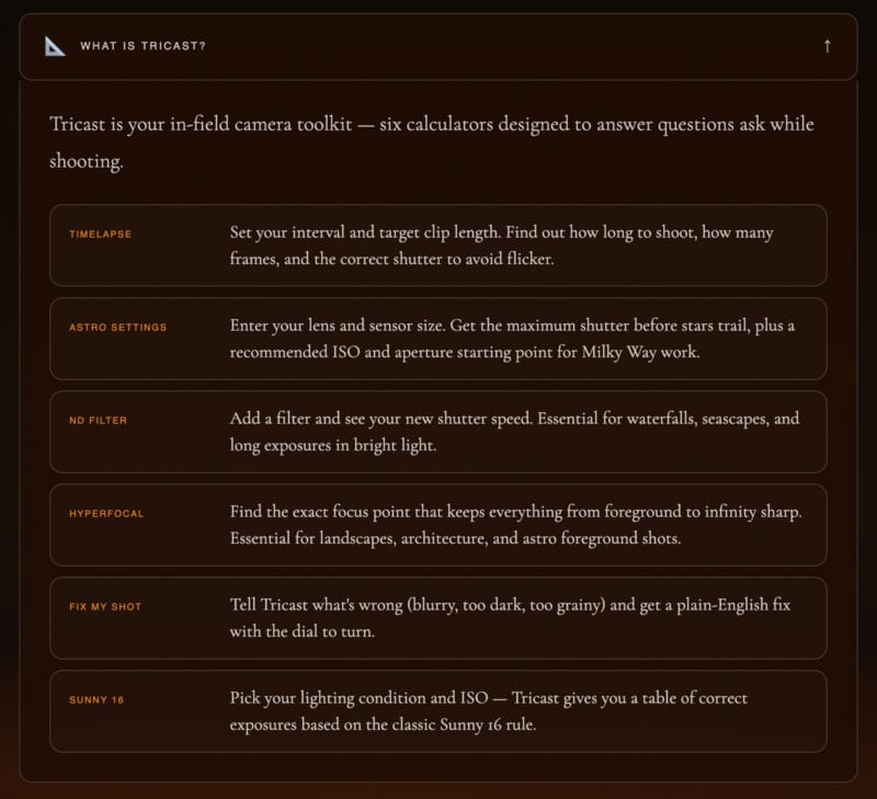 Screenshot of a dark-themed interface describing six camera toolkit calculators: TimeLapse, Astro Settings, ND Filter, Hyperfocal, Fix My Shot, and Sunny 16, each with a short explanation of its function.