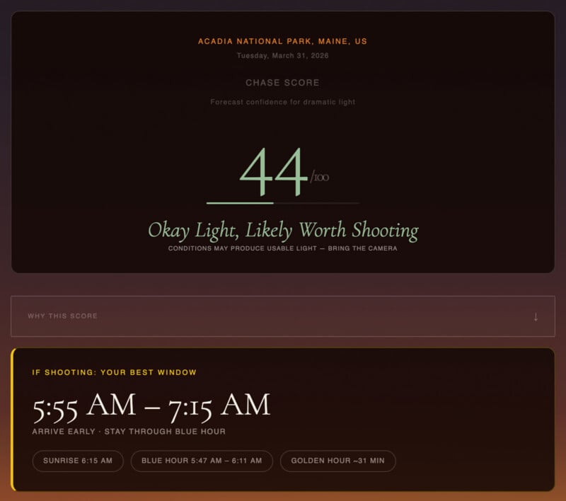 Forecast for sunrise photography at Acadia National Park, Maine, on March 31, 2026; chase score 44/100 with “Okay light, likely worth shooting.” Best window: 5:55–7:15 AM, including blue and golden hours.