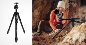 A black camera tripod is shown standing upright on the left. On the right, a woman in outdoor gear adjusts a camera mounted on a similar tripod among rocks in a natural setting.