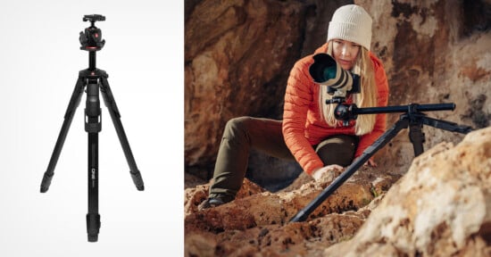A black camera tripod is shown standing upright on the left. On the right, a woman in outdoor gear adjusts a camera mounted on a similar tripod among rocks in a natural setting.