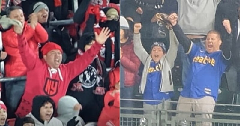Dos grupos de aficionados vitorearon en las gradas del estadio; Los fanáticos de la izquierda vestían ropa roja y negra, y los fanáticos de la derecha vestían ropa azul y amarilla. Todos levantaron los brazos y celebraron emocionados.