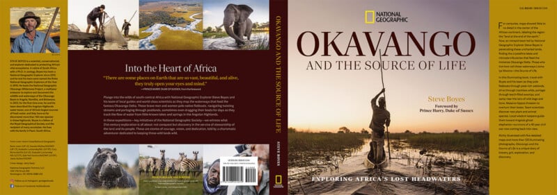 Book cover for “Okavango and the Source of Life” by Steve Boyes. The front shows a person boating on a river at sunset. The back features wildlife images, author info, and a summary of the book's exploration of Africa’s Okavango Delta.