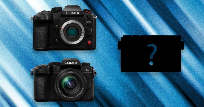 Two Lumix cameras are shown side by side on a blue abstract background, with a third camera silhouette on the right featuring a large question mark in the center.