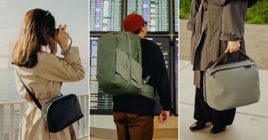 A collage of three people using different travel bags: one person with a crossbody bag taking a photo by the water, another with a large backpack checking an airport departures board, and a third holding a briefcase-style bag outdoors.