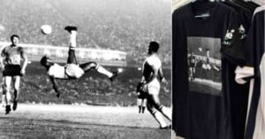 Black-and-white photo of a soccer player doing a bicycle kick during a match, shown next to a T-shirt on a rack featuring the same iconic image.
