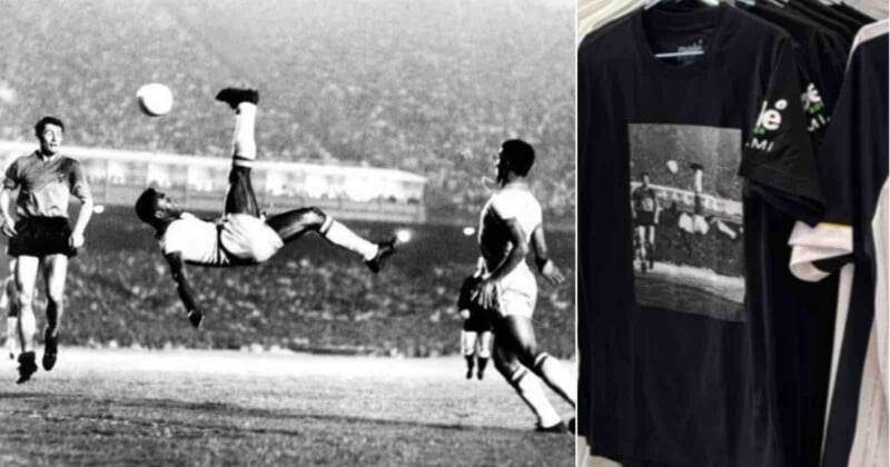 Black-and-white photo of a soccer player doing a bicycle kick during a match, shown next to a T-shirt on a rack featuring the same iconic image.