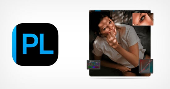 A blue and black "PL" logo on the left and a photo editing interface on the right, showing a woman smiling on a bed and various editing tools and adjustment panels around her photo.
