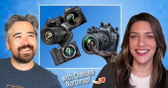A smiling man and woman appear on either side of a graphic showing three cameras with question marks on their lenses and a cat’s paw touching one, with the text "with Chelsea Northrup!" and an arrow pointing to the woman.