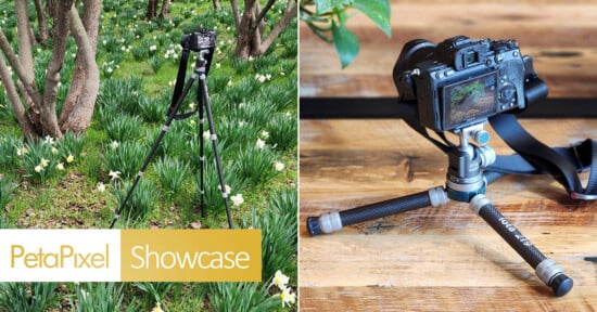 Split image: left side shows a camera on a tripod among green plants and white flowers outdoors; right side shows a camera on a low tripod on a wooden surface. "PetaPixel Showcase" logo is at the bottom left.