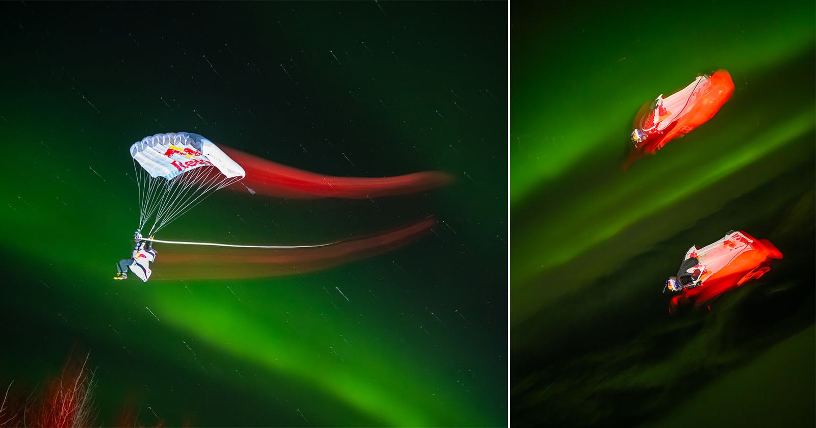 A parachutist with a Red Bull parachute glides through a night sky illuminated by green auroras, with red light trails behind them. On the right, two parachutists in red suits are seen against the glowing sky.