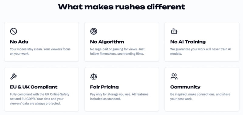 La sección de la página titulada "¿Qué hace que los juncos sean diferentes?" Las características se enumeran en seis cuadros: sin anuncios, sin algoritmos, sin capacitación en IA, cumplimiento de la UE y el Reino Unido, precios justos y comunidad, con una breve descripción y un ícono para cada cuadro.