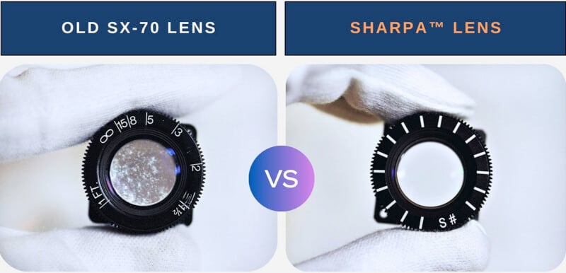 Comparación lado a lado de dos lentes de cámara sostenidas con guantes: la izquierda muestra la vieja lente SX-70 turbia y la derecha muestra la nueva lente SHARPA™ clara. "contra" Ubicado en el centro entre ellos.