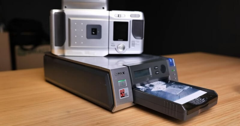 A vintage Sony digital camera docked on a matching printer, printing a black and white photo, all placed on a wooden table with a blurred background.