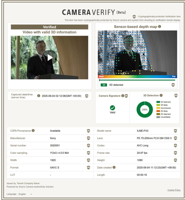 Screenshot of a CAMERA VERIFY report showing a man at a podium. The report verifies valid 3D video and sensor-based depth map, with detailed metadata and detection confirming video authenticity.