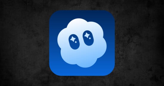 A blue app icon featuring a white cloud with two cartoon eyes, set against a dark textured background.