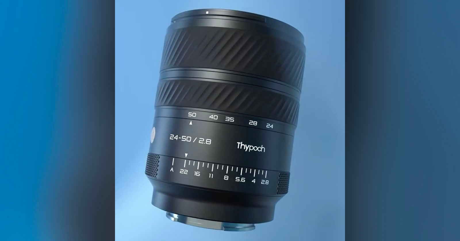 A close-up of a black camera lens labeled "Thypoch 24-50/2.8" against a blue background, showing detailed focus and aperture markings.