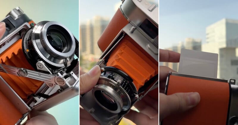 A collage of three close-up photos shows hands operating an orange and silver vintage instant camera, adjusting the lens, opening the bellows, and inserting photo paper, with blurred buildings in the background.