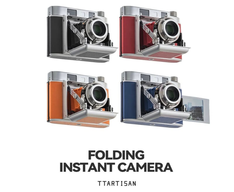 Four folding instant cameras in black, red, orange, and blue are displayed in a grid. The blue camera shows a printed photo emerging. Text below reads "Folding Instant Camera TTArtisan.