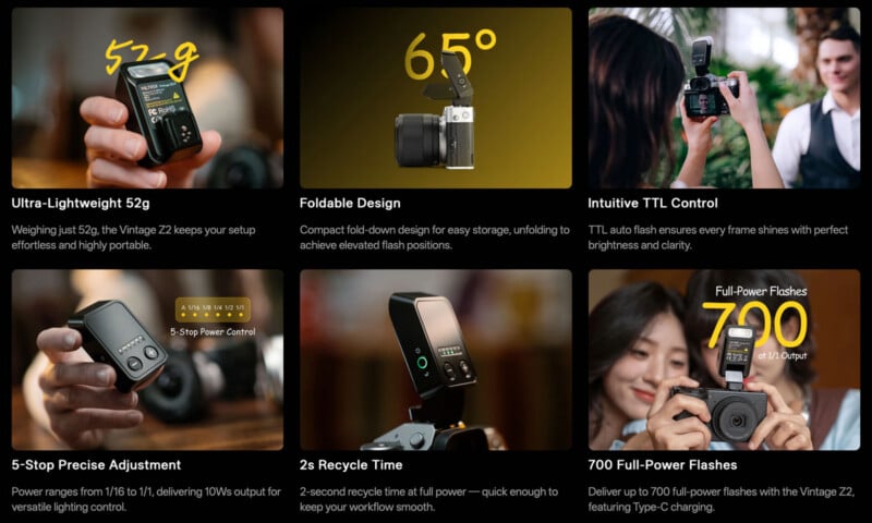  lightweight (52g), 65° foldable design, intuitive TTL control, 5-stop power adjustment, 2s recycle time, and 700 full-power flashes.