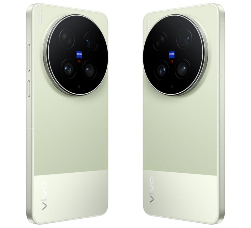 Two light green Vivo smartphones are shown standing upright, back facing forward, displaying large circular camera modules with four lenses and Zeiss branding on the upper half and the "Vivo" logo on the lower left corner.