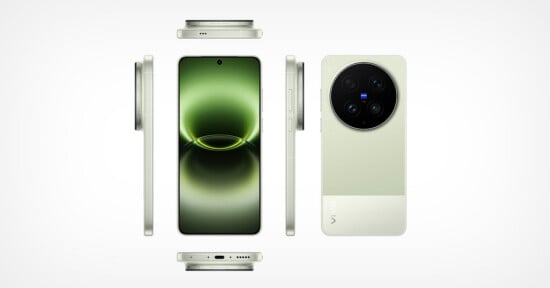 A modern smartphone with a large display and prominent circular rear camera module is shown from multiple angles, including front, back, sides, top, and bottom, against a white background.