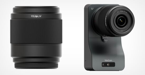 A close-up of a black camera lens labeled "YoloLiv" next to a YoloCam camera with a mounted lens, both displayed against a white background.