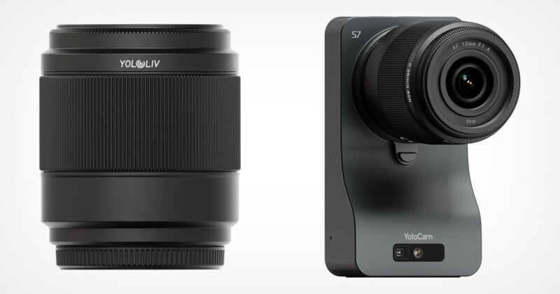 A close-up of a black camera lens labeled "YoloLiv" next to a YoloCam camera with a mounted lens, both displayed against a white background.